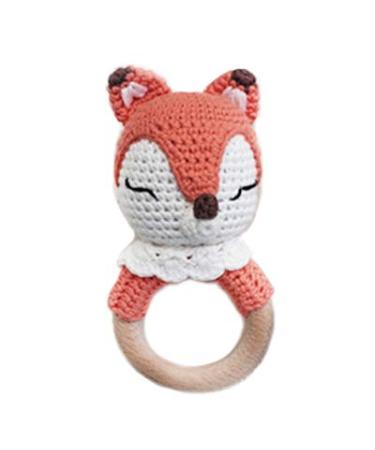Natural Crochet Teether Toy Rattle for Baby Forest Friends Amigurumi Crochet Bunny Deer Fox on Natural Wooden Teething Ring Rattle and Beaded Pacifier Clip (Foxy)