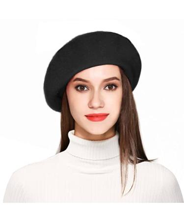 Jeicy Wool Beret Hat Solid Color French Beret with Skily Scarf and Brooch Black