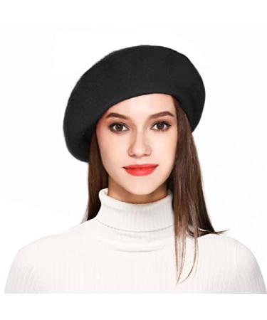 Jeicy Wool Beret Hat Solid Color French Beret with Skily Scarf and Brooch Black - Buy Online on GoSupps.com