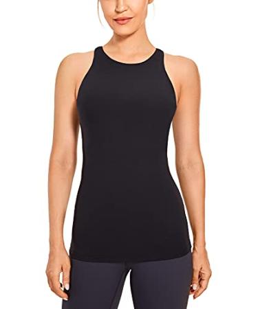 CRZ YOGA Womens High Neck Workout Tank Tops - with Built-in Shelf Bra Racerback Athletic Sports Shirts Medium Black