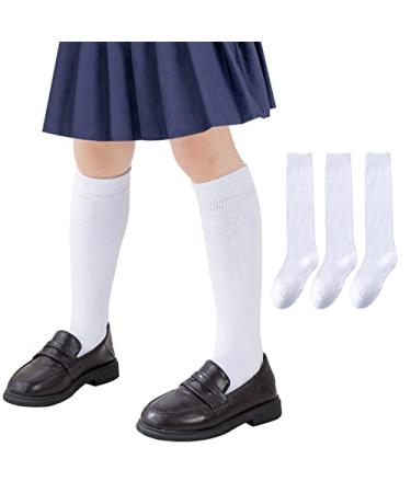 Girls Knee High Socks/Cable Knit/Ribbed School Uniform Socks 3/6 Pack Seamless Tube Socks Unisex Kids Soccer Socks 3-14 Years 5-7 Years White 3 Pairs
