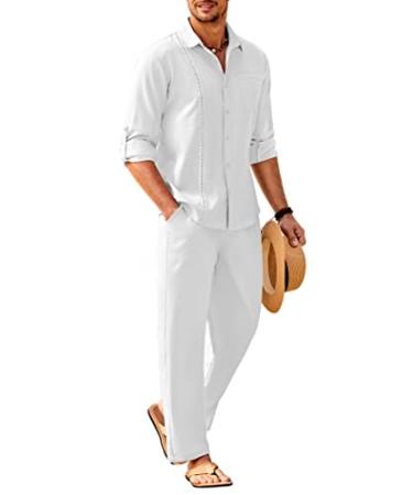 COOFANDY Men's 2 Piece Linen Sets Casual Long Sleeve Button Down Cuban Shirt and Loose Pants Set Beach Vacation Outfits Large White