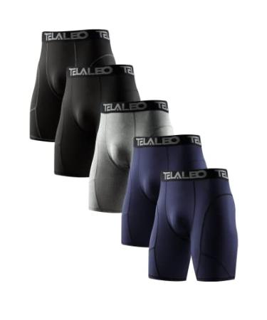TELALEO 5/6 Pack Compression Shorts Men Spandex Sport Shorts Athletic Workout Running Performance Baselayer Underwear Black(2pcs)+blue(2pcs)+gray(1pcs) Medium