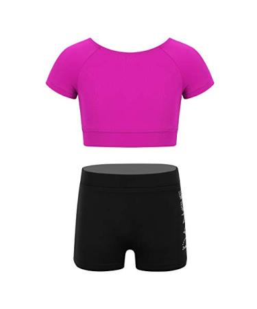 YiZYiF Kids Girls Basic 2 Piece Active Outfit Crop Top and Shorts Set for Gymnastics/Dancing/Workout Black&rose 5-6