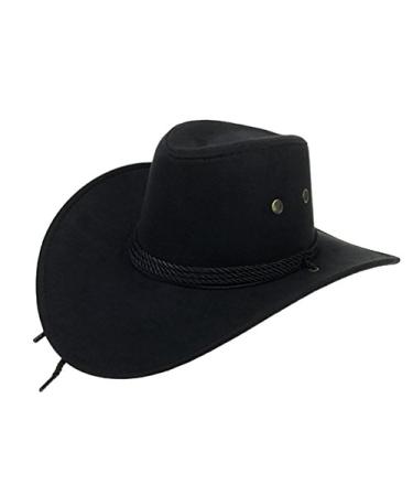 UwantC Mens Faux Felt Western Cowboy Hat Fedora Outdoor Wide Brim Hat with Strap One Size Black