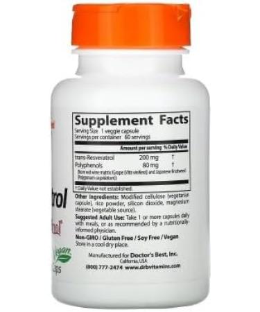 Doctor's Best Trans-Resveratrol with ResVinol-25 200mg - 60 Vegetable Capsules - Powerful Antioxidant for Cardiovascular Health and Longevity - Buy Online on GoSupps.com