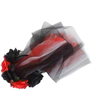 Ladies Day of the Dead Mesh Veil with Roses Garland Vintage Halloween Carnival Party Headband Fancy Dress Flowery Adults Costume Hairband Gothic Corpse Bride Veil Headpiece Head Buckle Wreath (Red) - Buy Online on GoSupps.com