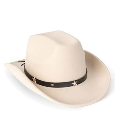 Lisianthus Women Men Western Cowboy Cowgirl Hat Outdoor Felt Wide Brim Hat A Star-beige Medium