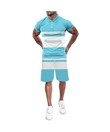 BEUU Mens Sports Sets Summer Casual Tracksuits Short Sleeve Patchwork Golf Polo Shirts Shorts Set 2 Piece Set Outfits 143- Sky Blue X-Large
