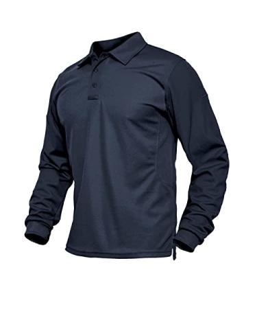 BIYLACLESEN Men's Jersey Golf Polo Shirts Outdoor Pique Performance Tactical Military Long Sleeve Shirts Navy Large