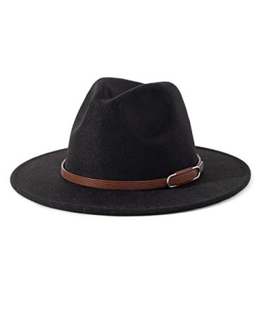 Lisianthus Women's Wide Brim Felt Fedora Retro Panama Hat with Belt Buckle U-shaped Buckle Black Medium