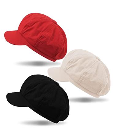 3 Pieces Women Newsboy Cap Adjustable Visor Beret Hats Soft 8 Panels Vintage Cabbie Hat Octagonal Cap for Women Girl Black, White, Red