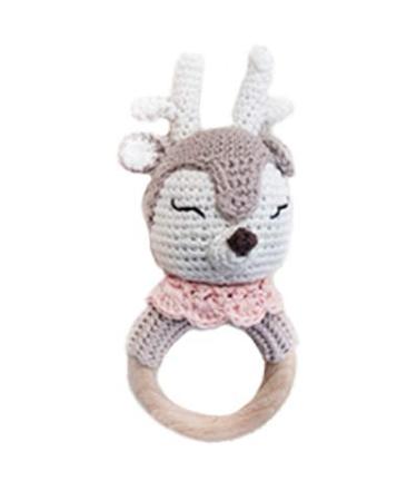Natural Crochet Teether Toy Rattle for Baby Forest Friends Amigurumi Crochet Bunny Deer Fox on Natural Wooden Teething Ring Rattle (Honey Deer)