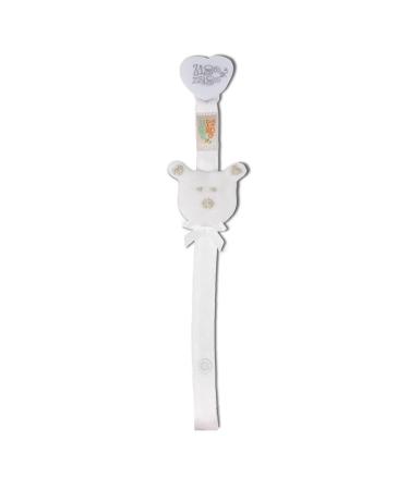 Pacifier chain made of fabric with a 3D bear face. Color: white