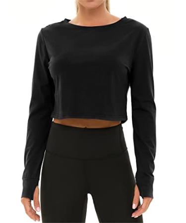 Chioni.od Womens Long Sleeve Workout Crop Tops Athletic Thumb Hole Sport Shirts Black Medium