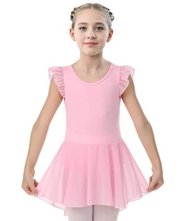 LUOUSE Elegant Dance Ballet Leotards for Girls, Little Kids Solid Classic Ruffle Sleeve Tutu Skirted Dress 5-6 Years Pink