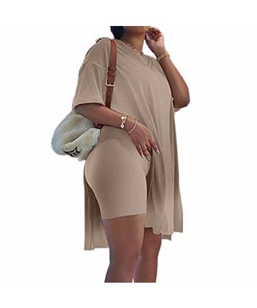 Difanlv Plus Size Womens 2 Piece Outfits Tracksuits Short Sleeve Tunic Tops Bodycon Shorts Sweatsuit Sets Brown Large