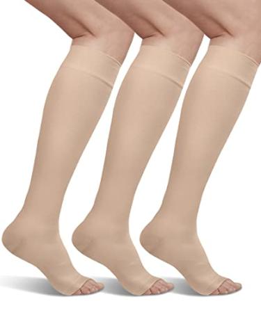 REYTID Compression Stockings Women 20-30 mmHg Knee High Compression Socks Compression Support Hose XX-Large 1-open Toe Beige (3 Pairs)