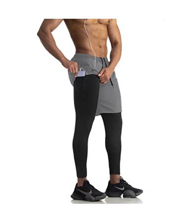 WIRIST 2 in 1 Running Pants for Men, Tight Workout Compression Pants for Men, Gym Athletic Pants Shorts Leggings with Pocket Grey X-Large