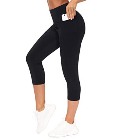 THE GYM PEOPLE Tummy Control Workout Leggings with Pockets High Waist Athletic Yoga Pants for Women Running, Hiking S-capris Black Large