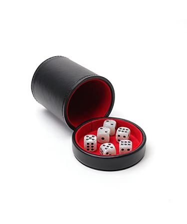 Luck Lab Black Leather Dice Cup with Lid Including 6 Matching Pearl Dice - Red Velvet Interior for Quiet Shaking - Use for Liars Dice Farkle Yahtzee Board Games, Black