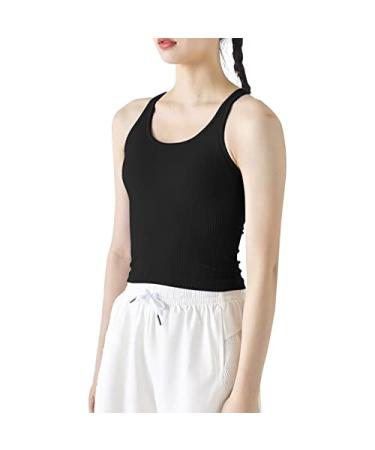 Ribbed Workout Short Racerback Tank Tops for Women with Built in Bra 8 Black