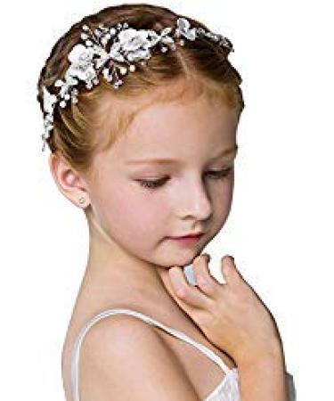 Campsis Flower Girl Headpiece Wedding Head Piece Crystal Pearl Hair Headband First Communion Accessories Tiara for Girls(Silver)