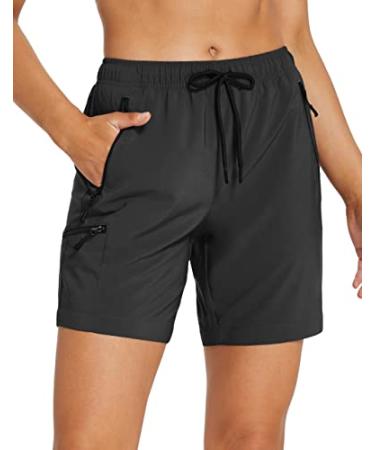 Cargo Hiking Shorts for Women Quick Dry Lightweight Summer Long Workout Athletic Running Short with Zipper Pockets Black X-Large