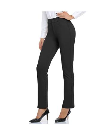 DAYOUNG Women's Yoga Dress Pants Work Office Business Casual Slacks Stretch Regular Straight Leg Pants with Pockets Petite 29'' Inseam Small Black(side Pockets)