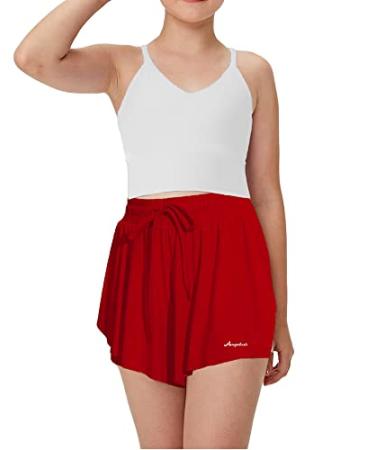 Girls 2 in 1 Flowy Butterfly Shorts Workout Gym Yoga Running Shorts Dance Skirt for Teen Girls Red 9-10 Years
