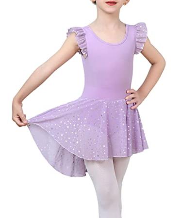 LUOUSE Elegant Dance Ballet Leotards for Girls, Little Kids Solid Classic Ruffle Sleeve Tutu Skirted Dress 8-9 Years Sparkle Lavender