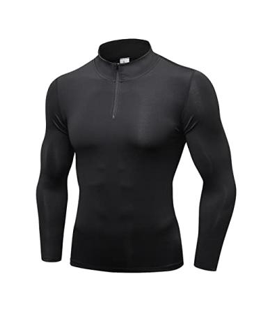 Mens Quarter Zip Long Sleeve Compression Shirts for Men Workout Undershirt Quick Dry Fit Wicking Tee Shirts Black Medium