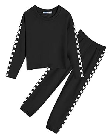 Greatchy Girls Clothes Sweatsuits Tracksuits Cute Plaid Pullover Hoodies Sweatshirts Jogger Sweatpants Pant Sets Outfits Black 11-12 Years