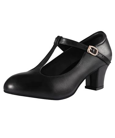 Women's T-Strap Character Shoes Latin Ballroom Dance Heels Black Wedding Pumps 7 Black
