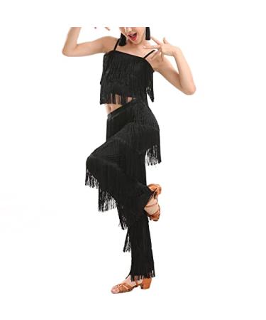 Girls 2 Piece Latin Ballroom Dance Costume Set Tassel Camisole Fringe Pants Modern Salsa Dancewear 7-8 Years Black