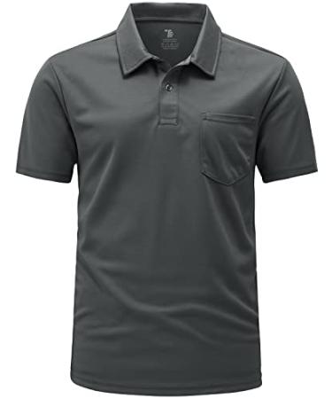 Gopune Men's Short Sleeve Polo Shirts Quick Dry Outdoor Golf Shirts with Pocket Deep Grey Large