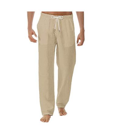 jsaierl Cotton Linen Pants for Men, Summer Casual Drawstring Beach Loose Trousers Pants with Elastic Waistband Pants Khaki#2 X-Large