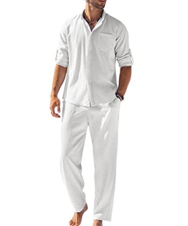 COOFANDY Men's 2 Piece Linen Shirts Sets Summer Beach Long Sleeve Casual Button-Down Shirts with Sleeve Tabs Pants Outfits 01-white X-Large