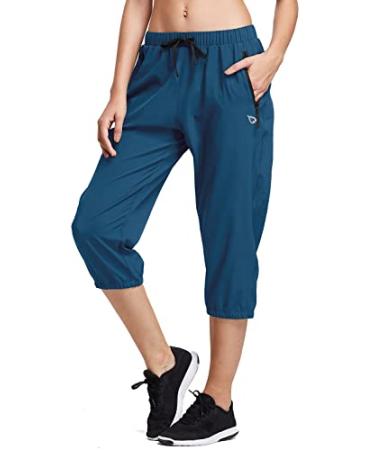 BALEAF Women's Lightweight Capri Jogger Hiking Shorts Running Capri Pants Quick Dry UPF 50+ Zipper Pockets Blue Large