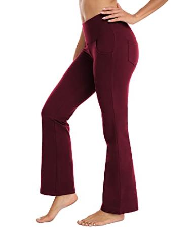 Bootcut Yoga Pants with Pockets for Women High Waist,Gym Workout Flare Leggings Tummy Control Burgundy Small