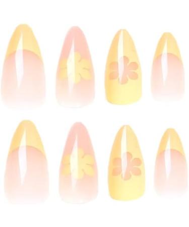 French Tip Press on Nails - Mid Length Press On Nails with Nail Tips Yellow Small Flower False Nail almond shaped Design press on nails Acrylic False Nails Cute Artificial Nails - Buy Online on GoSupps.com