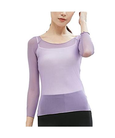 Kaerm Women's Athletic Ballet Dance Gymnastics Cover Up Tops Yoga Workout Shirts Sheer Mesh Wrap Tops Purple Small