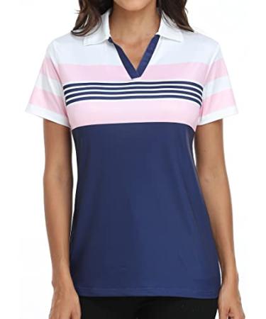 IGEEKWELL Women's Golf Shirts Short Sleeve Collared Polo Shirt Moisture Wicking Lady Golf Apparel Print Tennis Sport T Shirt 035-navy Pink X-Large