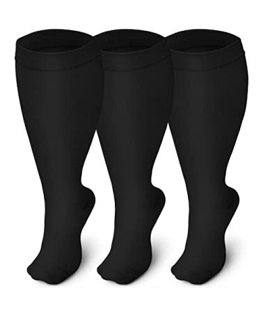 Iseasoo Plus Size Compression Socks for Men and Women-3 pairs Wide Calf 20-30 mmHg Knee High Compression Stockings Support for Circulation,Nurses, Running 011 Black XX-Large