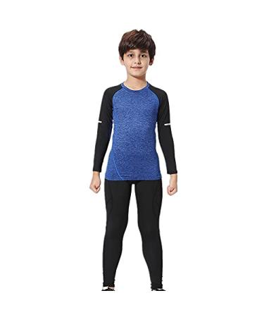 OPALOS Boys Girls Base Layer Athletic Compression Leggings and Shirts Thermal Underwear Set Running Pants Tights Blue-b511 12-13 Years