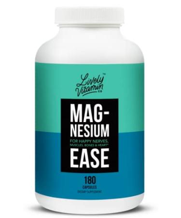 Lively Vitamin Co. Magnesium Ease - Chelated - Highly Bioavailable - Tension - Stress - Nerves - Immune Function - RLS - Headache - Migraine - Gluten Dairy Soy Free - Non-GMO - 180 Vegan Capsules