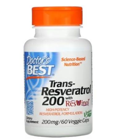 Doctor's Best Trans-Resveratrol with ResVinol-25, 200mg - 60 Vegetable Capsules - Powerful Antioxidant for Cardiovascular Health and Longevity