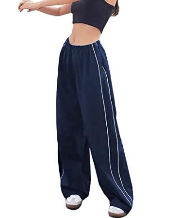 Track Pants Women Piping Detail Wide Leg Baggy Pants Y2K Elastic Waist  Jogger Sweatpants Navy Blue