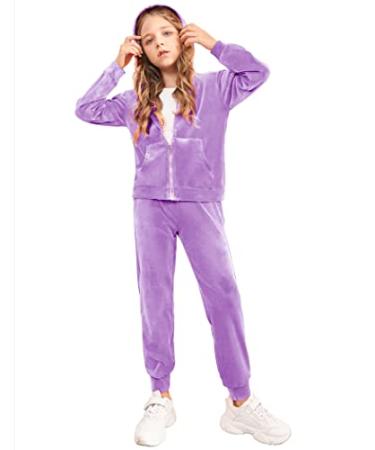 Arshiner 2 Piece Outfits for Girls Velour Tracksuit Hoodie and Jogger Set Sweatsuit Athletic Clothes Sets 13-14 Years Purple
