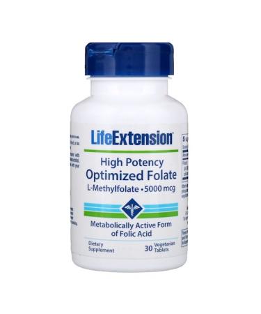 Life Extension High Potency Optimized Folate 5000 mcg 30 Vegetarian Tablets